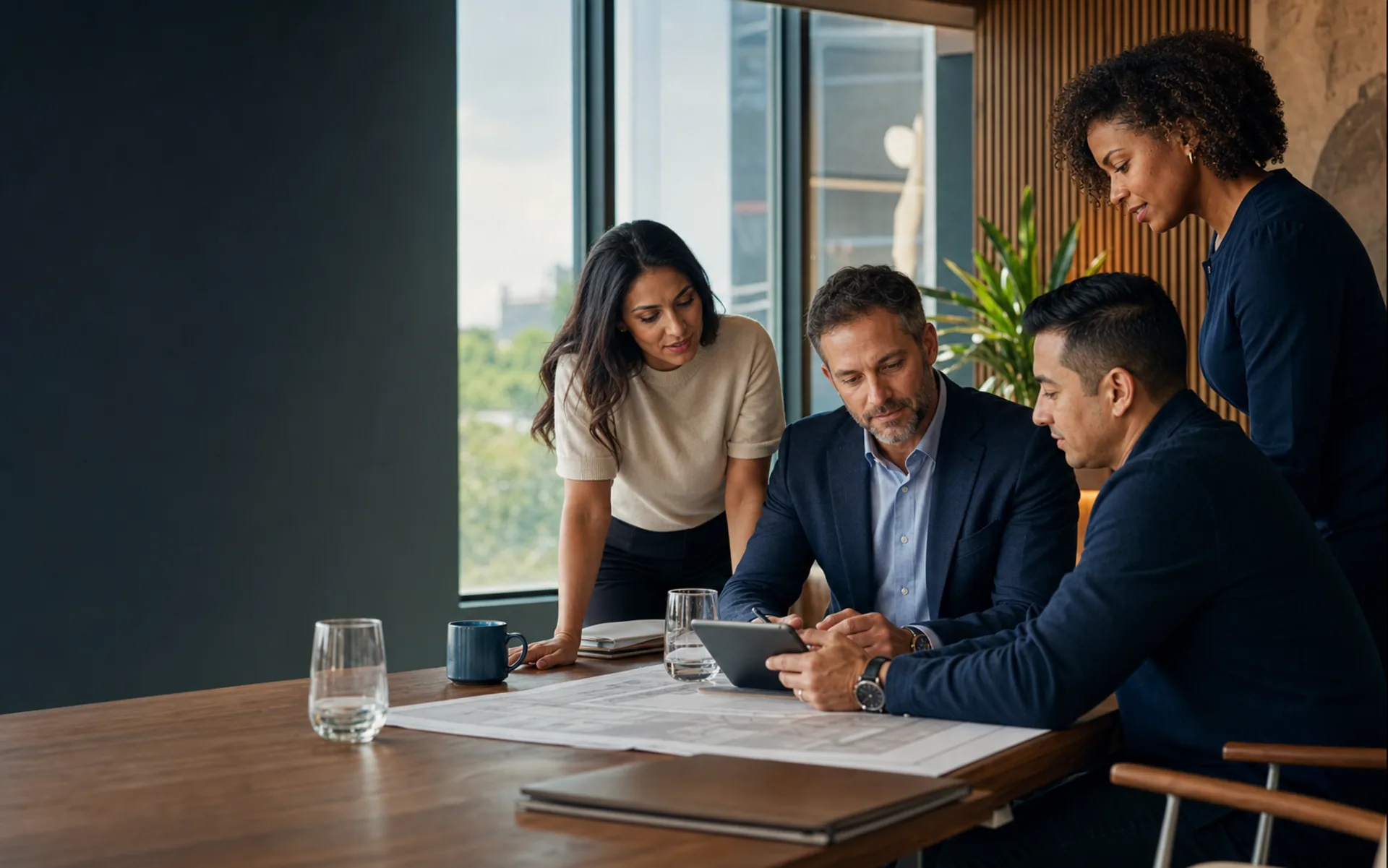 Business professionals collaborating around project plans in a modern office